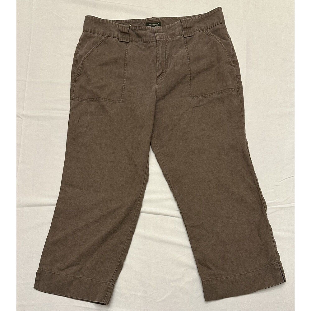 Eddie Bauer Women’s 10 Linen Cropped Pants Brown Vashon Fit Wide Leg Coastal